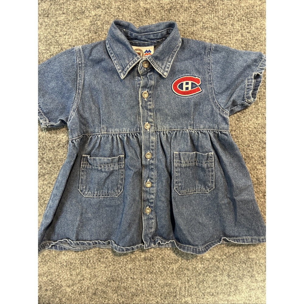 Vtg 90s Montreal Canadiens Baby Girls Denim Dress 18M MightyMac NHL EUC